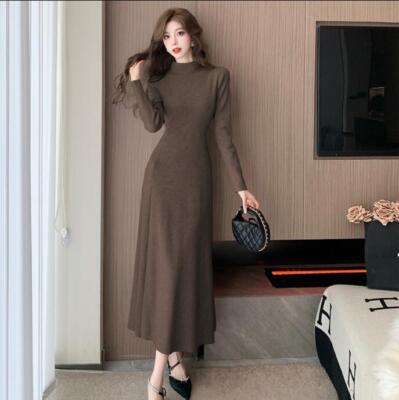 Women's Fashion Mock Neck Slim Fit Long Sleeves Knitted Long A Line Dress 