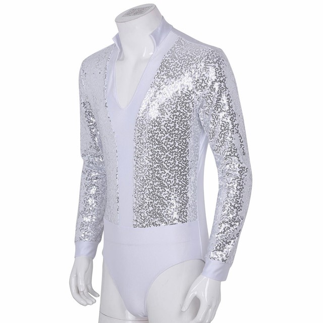 Mens Long Sleeves Ballroom Dance Unitard Shiny Sequins Latin Salsa Cha