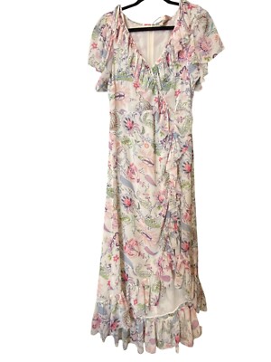 Cinq à Sept Sheilla Ruffled V Neck Midi Dress Celeste Multi Womens Size 6 NWT