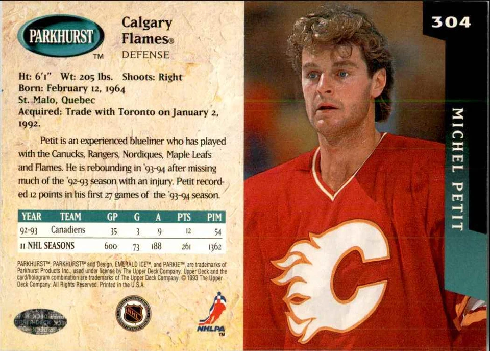 1993-94 PARKHURST MICHEL PETIT CALGARY FLAMES #304 - Image 2 of 2