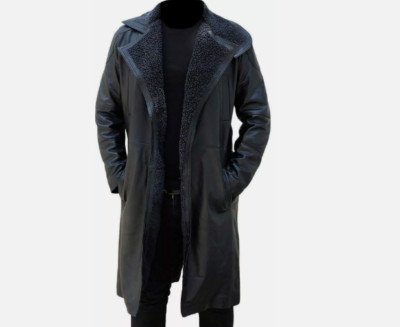 Men's Raf Real Sheepskin Trench Coat Shearling Fur Belted Black Leather Jacket