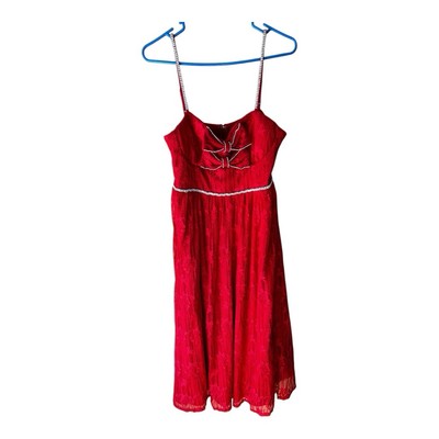 NY&C  Sz L Red Lace Lined Zip Bow Detail Rhinestone Accent Sleeveless Midi Dress