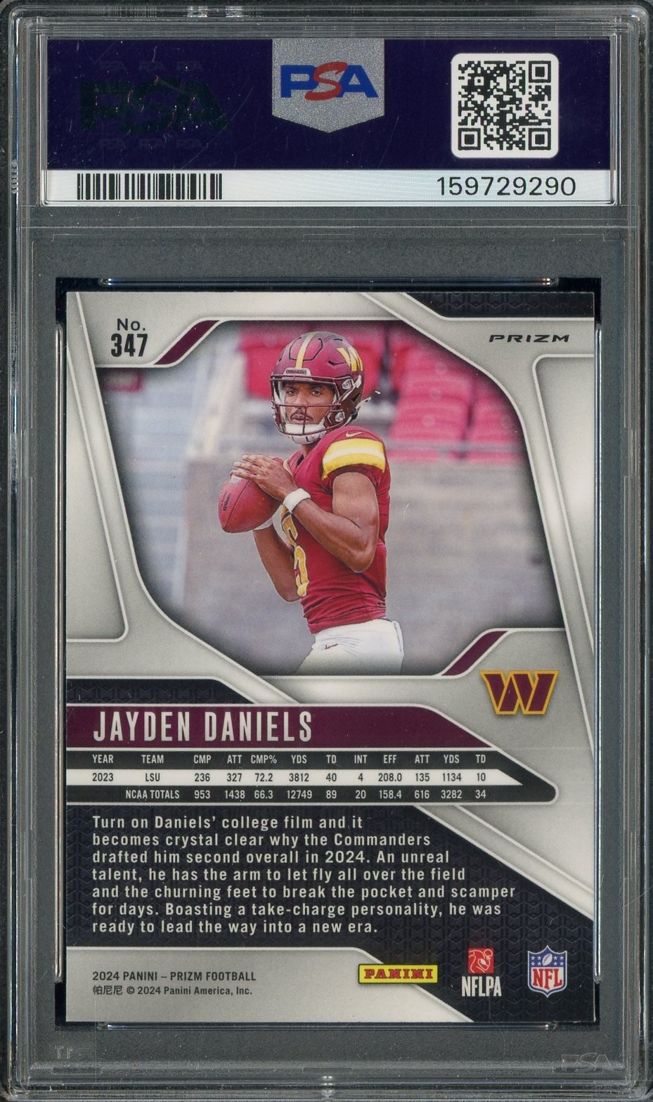 2024 Panini Neon Green Pulsar Prizm #347 Jayden Daniels RC Rookie PSA 9 MINT view 2