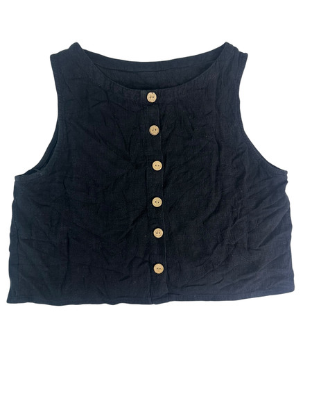 Yours Truly Crop Top 8 Black Linen Blend Button Front Sleeveless Casual