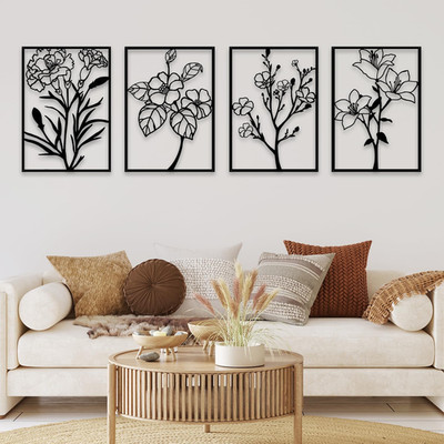 4 Pcs Black Metal Flower Wall Art, Abstract Line Art Wall Decor, Minimalist Flor
