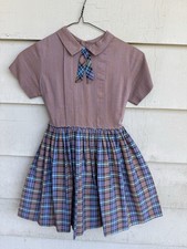 Vintage 50/60  s Cinderella Girls School Dress Brown Blue Plaid Size 6/8 Classic