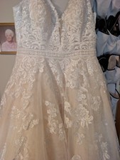 Abby Paris Ivory Lace Sleeveless V Neck Tulle Ball Gown Wedding Dress with Train