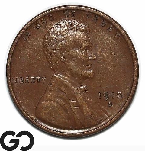 1912-S Lincoln Cent Wheat Penny, Choice AU++ Better Date San Francisco Issue