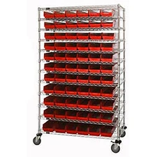 Wire Shelving with (91) 4"H Plastic Shelf Bins Red 48x14x74