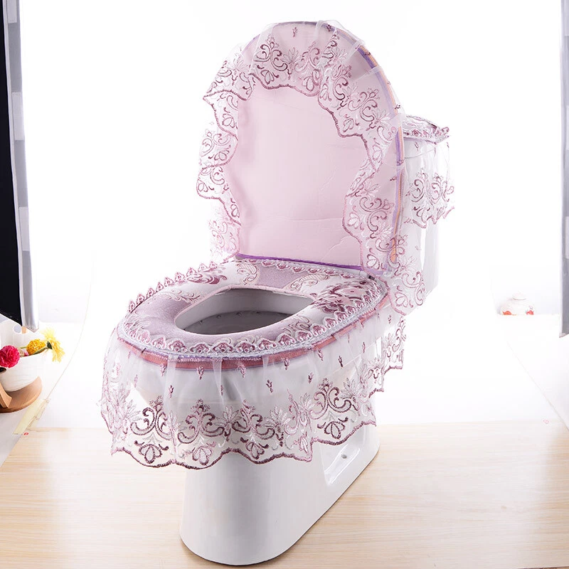 3pcs set Home Bathroom Tank Top Cover Zip Lid Lace Toilet Seat Covers Closestool