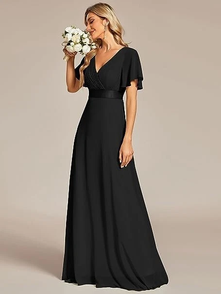 Women s Double V Neck Short Flutter Sleeves Empire Waist Elegant Dress BLACK 16