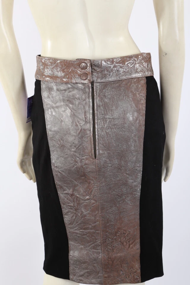 Falda CATHERINE MALANDRINO Negro Marrón Cuero Contrastado Lápiz Sobre Rodilla Talla 6 Foto 4 de 4