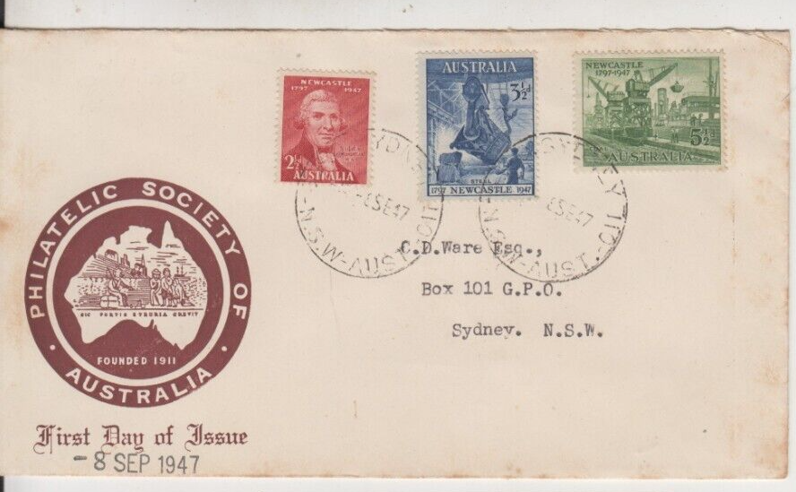 1947 Australia Newcastle Stamp Set of 3 on FDC with Sydney Postmark