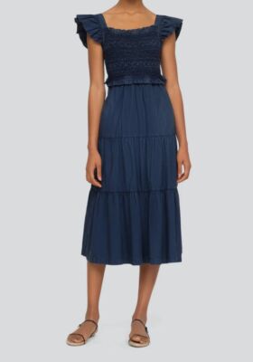 $395 Sea New York Women's Blue Simona Smocked Flutter Sleeves Dress Size 6