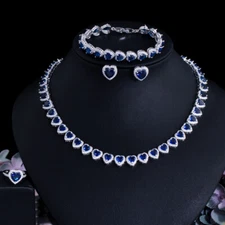 Blue CZ Heart Earrings Necklace Bracelet Ring for Brides Pageant Jewelry Set