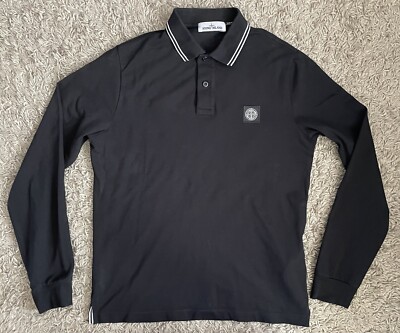 Stone Island Mens Patch Logo Black Long Sleeve Polo Shirt Size