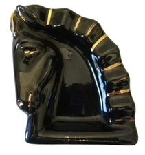 VINTAGE HORSE CIGAR ASHTRAY BLACK GOLD GLOSS GLAZE HAND PAINTED MCM 1950's