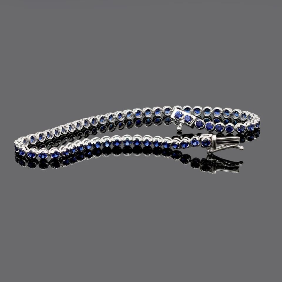 3 Ct Round Cut Natural Blue Sapphire Tennis Bracelet 7" 10K White Gold Over - Image 4 of 4