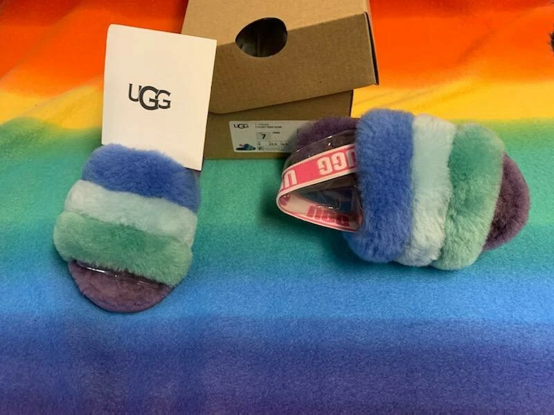 UGG TODDLER FLUFF YEAH SLIDE BLU TAGLIA 7C (100% AUTENTICO) NUOVO DI ZECCA