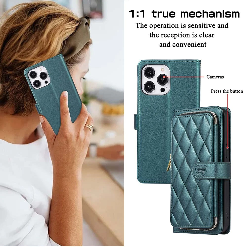 Durable Leather Zipper Flip Wallet Case for iPhone 15 Pro Max 14 13 12 11 XR