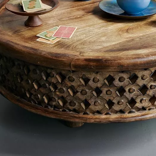 Round lattice carved 2024 wood coffee table