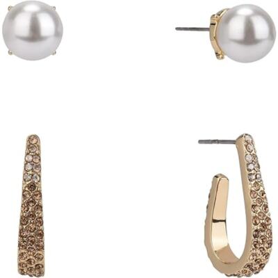 Laundry by Shelli Segal Gold Tone Pearl & Hoop Duo Earring Set MSRP $35 LN4