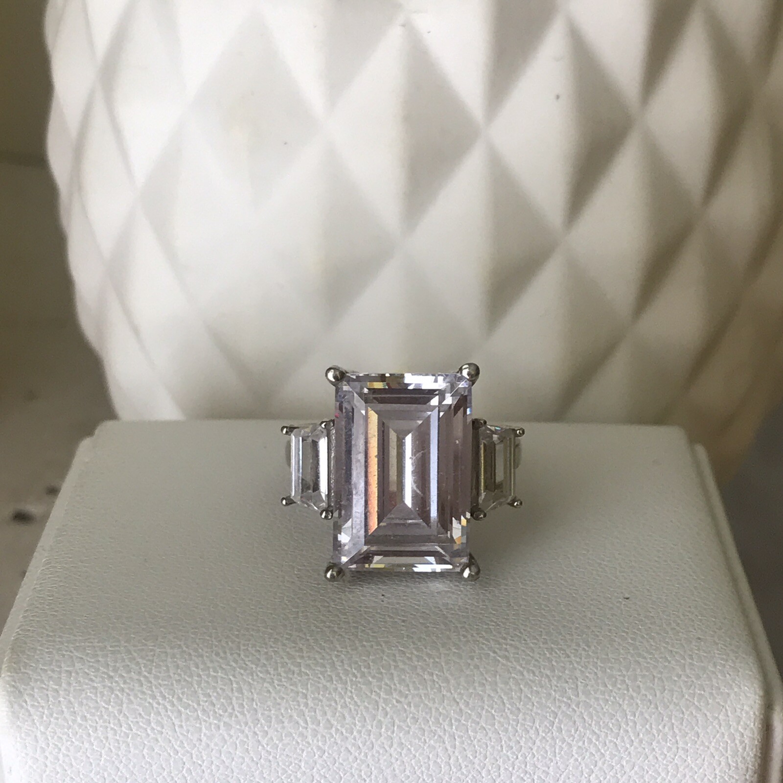 Rectangular Crystal Silver Tone Solitaire Cocktai… - image 1