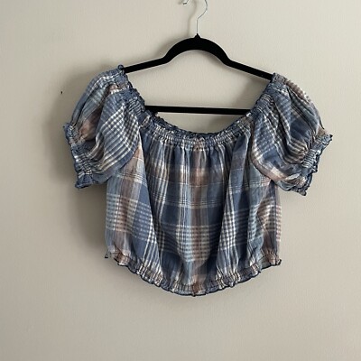 American Eagle M Blue Plaid Linen Cotton Off The Shoulder Puff Sleeve Crop Top