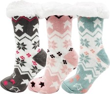 Fluffy Thermal Sherpa Slipper Socks, 3 Pairs for Women, Ultra Soft Christmas