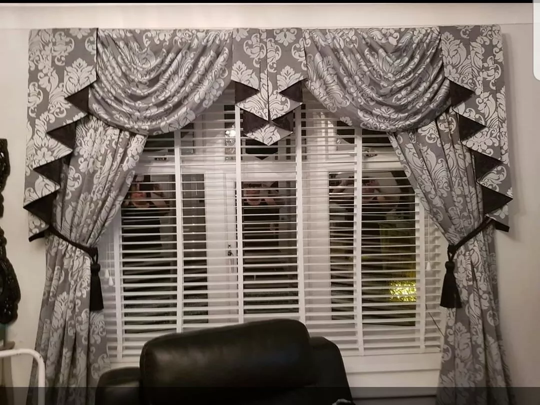 SilverGraphite Black Damask Designer Curtains Swags and Tails Lined 7 8ft