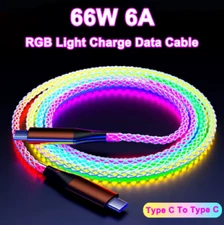 3 Feet USB Type C to Type C RGB Light Up Data Cable 66W Charging Cable New