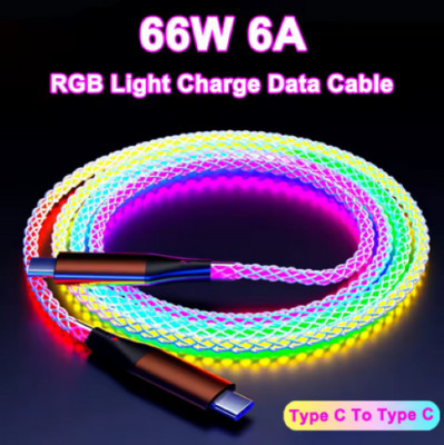3 Feet USB Type C to Type C RGB Light Up Data Cable 66W Charging Cable New