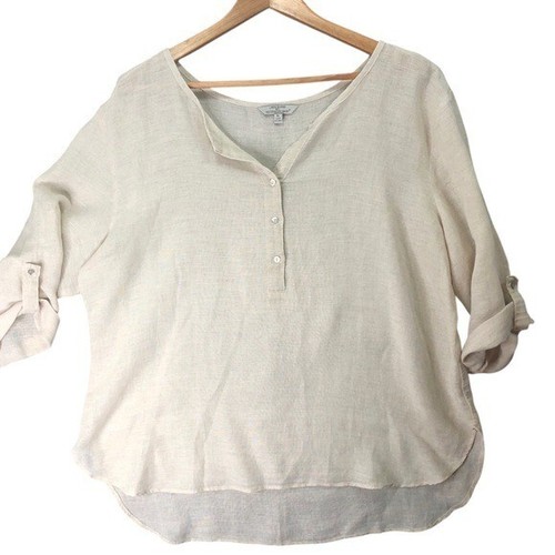 Anthropologie Linen Blend XL Blouse Top Hester & Orchard Lagenlook Neutral Retro - Picture 2 of 9