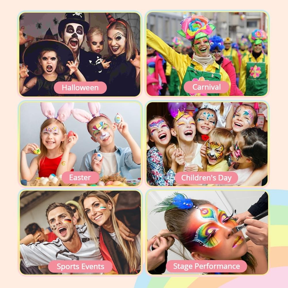 Vibrant Rainbow Face Paint Kit - Water Activated for Kids & Festivals, 12 Colors