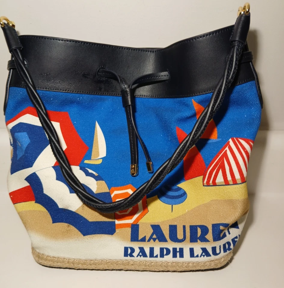 Bolso de Mano Lauren Ralph Lauren Lona/Cuero de Vaca Cubo Cordón Escena de Playa Foto 3 de 4