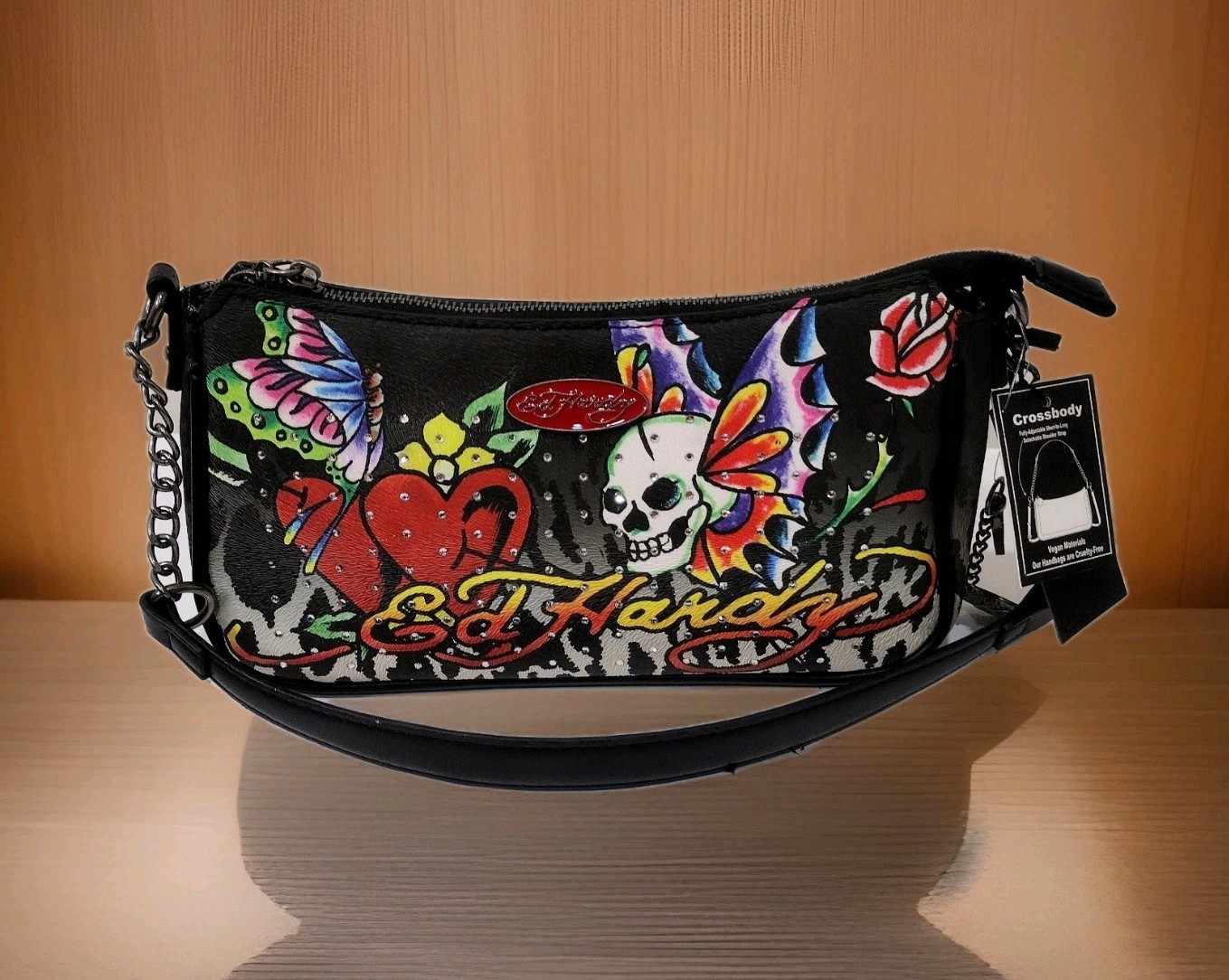 Women's NWT Ed Hardy Skull Butterfly Heart Rose Shoulder Bag - Black - Purse