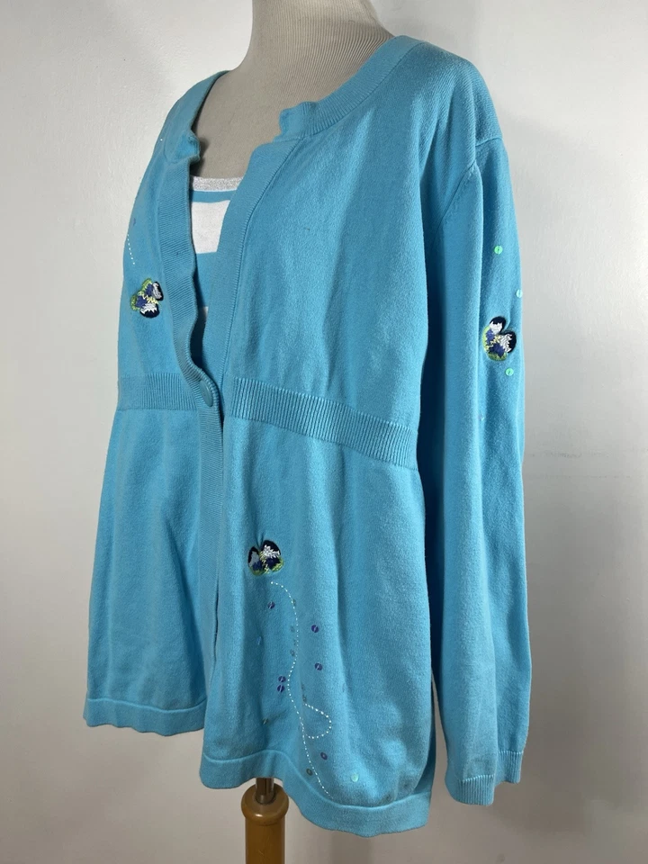 Quacker Factory 2X Sweater Cardigan Aqua Blue Floral Embroidered Spring E3 - Image 3 of 4