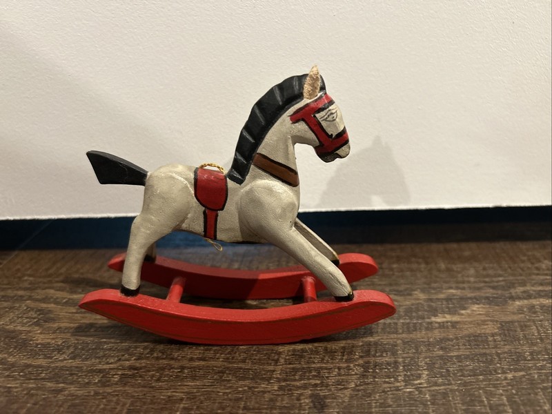 Vintage Hanging Red White Black WOODEN ROCKING HORSE Christmas Ornament