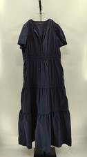 Quince 100% Organic Cotton Poplin Tiered Maxi Dress Navy Basic Sleeved XL
