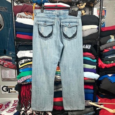 Y2K Basic Code Grunge Wide Leg Baggy Embroidered Star Wings Jeans fits 36x30