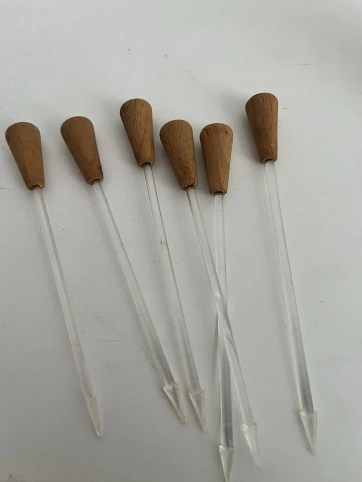 6 Vintage Cocktail- Spieße Picker, Teakholz Behälter - Bild 2 von 2