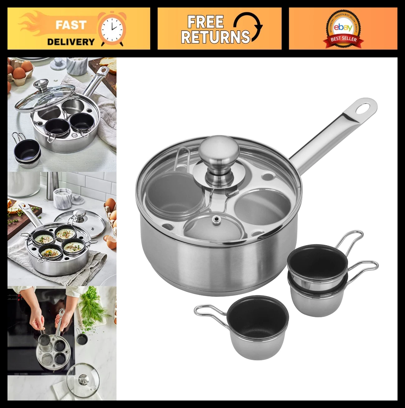 Stainless Steel Egg Poacher Set - 4 Removable Cups, Induction & Dishwasher Safe