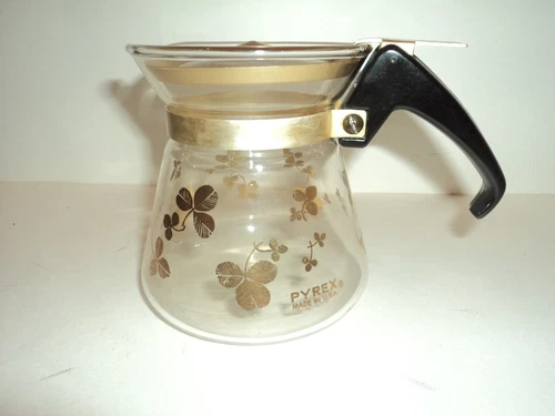 Vintage 1960's PYREX Gold Clover Leaf Mini 1 cup Tea Coffee Pot 4" Carafe MCM