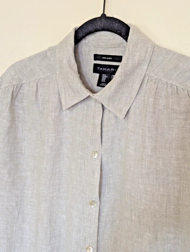 Tahari Linen Full Button Tie Waist Shirt Dress Sz M Gray Minimal Lagenlook Beach - Image 2 of 4