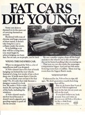 Vintage automobile Print car ad Volvo Fat cars Die Young fat-free car 1970 ad