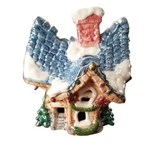 Votive Candle Holder Cover Christmas Winter Cottage Blue Sunken Roof Snow