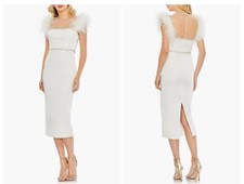 Mac Duggal 11438 White Feather Cap Sleeve Embellish Sheath Cocktail Dress Size 8