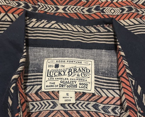 Lucky Brand Mens S Short Sleeve Aztec Print Striped Bohemian Pearl Button Shirt - Picture 2 of 9