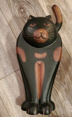 Large 18''Tall Wooden Hand Carved Cat Black and Tan Great Decor 