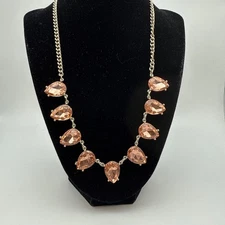 LOFT Peachy Pink Teardrop Rhinestone Gold Tone Necklace 18-20”